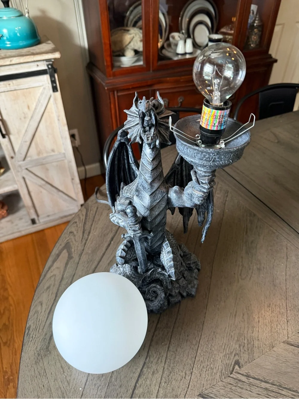 Gothic Dragon Table Lamp in Gray with Warm Globe. From early 2000's.